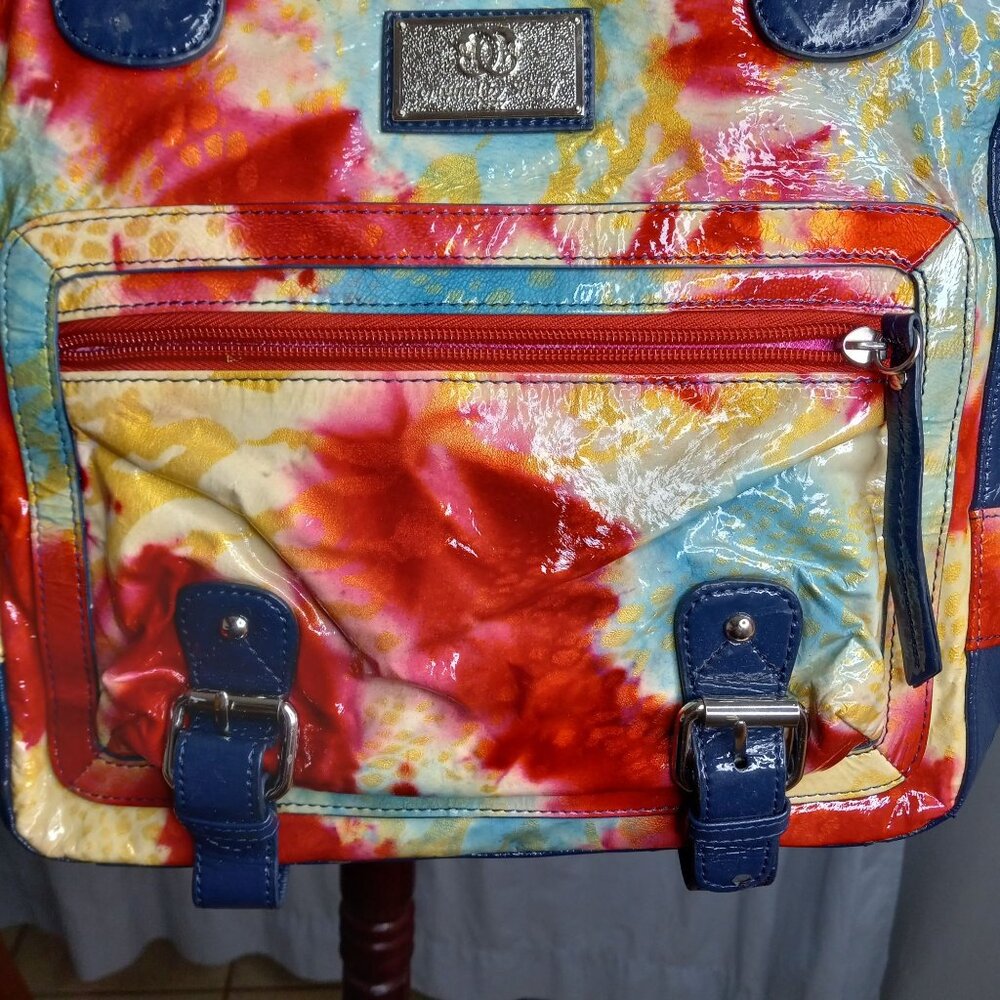 Omar Sharif Tote Bag Tie Dye Large Patent Leather Pockets Dual Handles Colorful - Picture 6 of 15